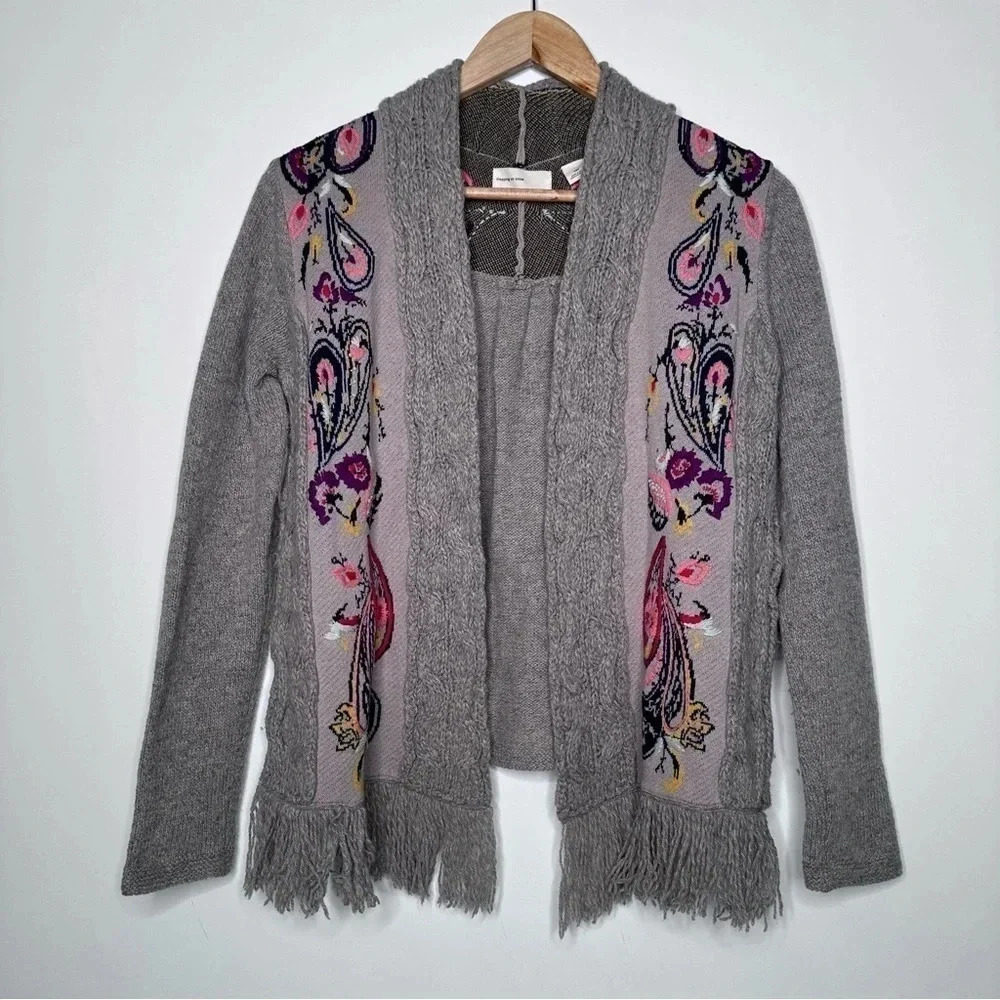 Sleeping On Snow Anthropologie Folklore Embroidered Fringe Hem Cardigan - Picture 3 of 11
